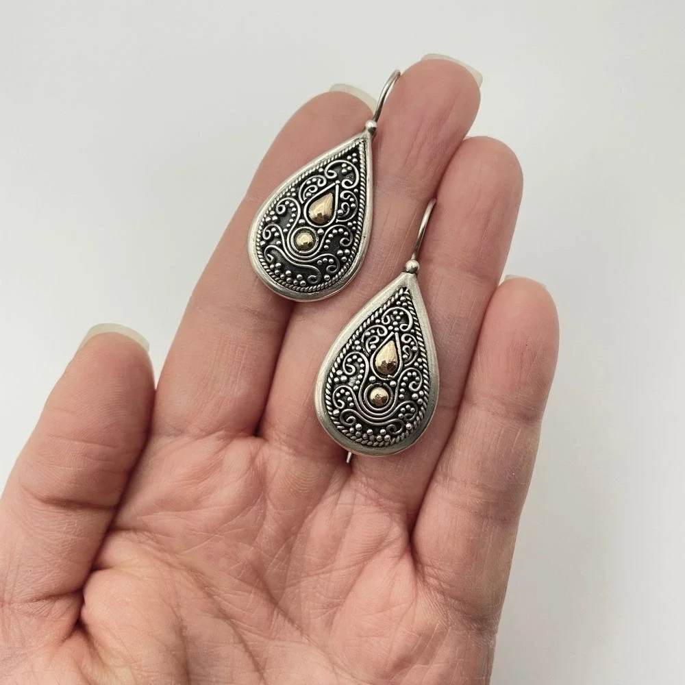 BA Suarti Sterling Silver 18K Gold Bali Teardrop Earrings Designer Balinese